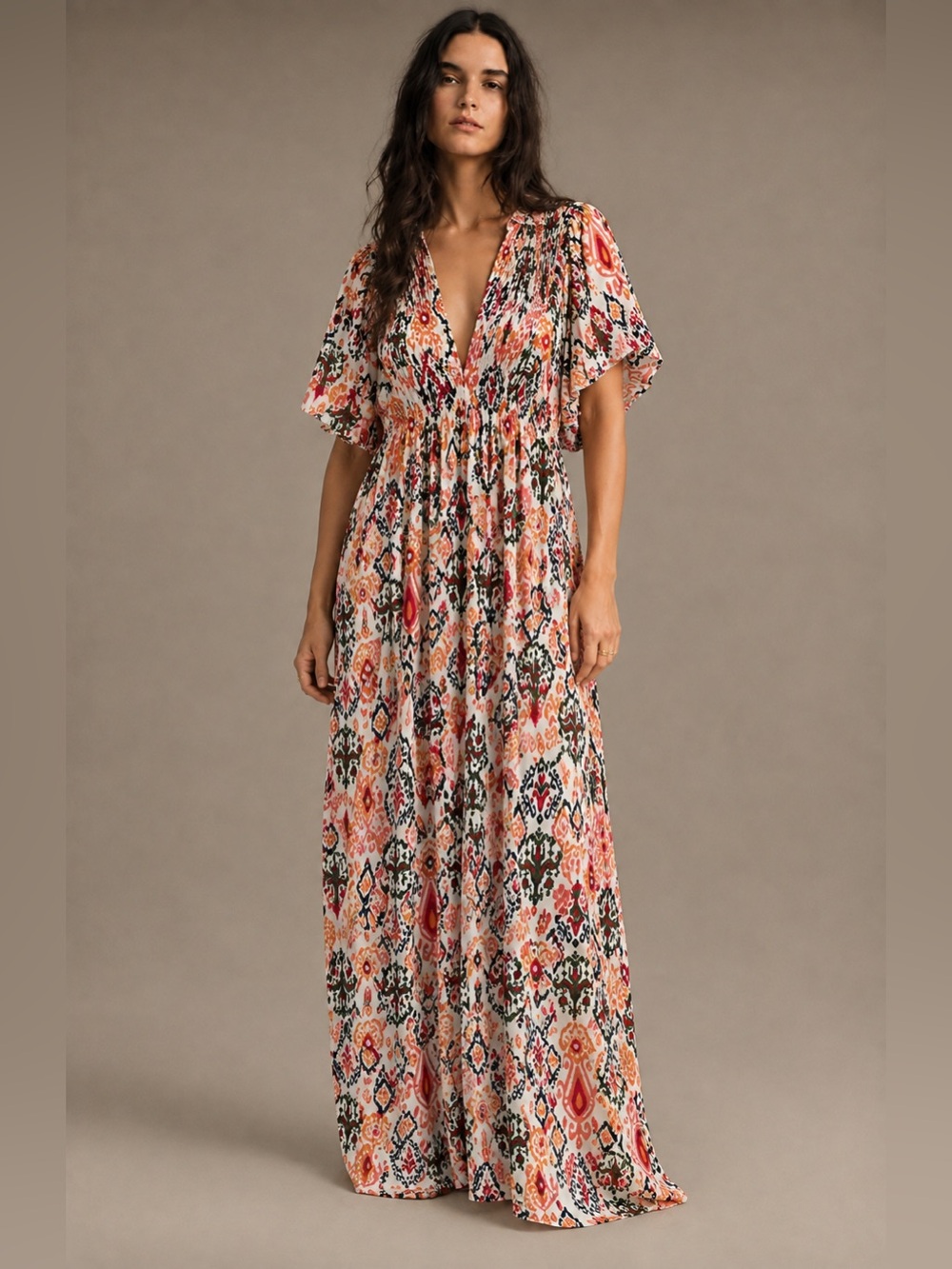 Flutter-Sleeve V-Neck Maxi Dress in Pink Multicolor